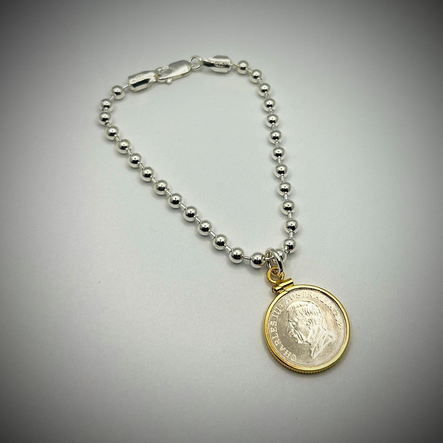 Australian 5 Cent Sterling Silver Bead Bracelet - Gold Filled Bezel - Vintage Spirit - Handcrafted Coin Creations