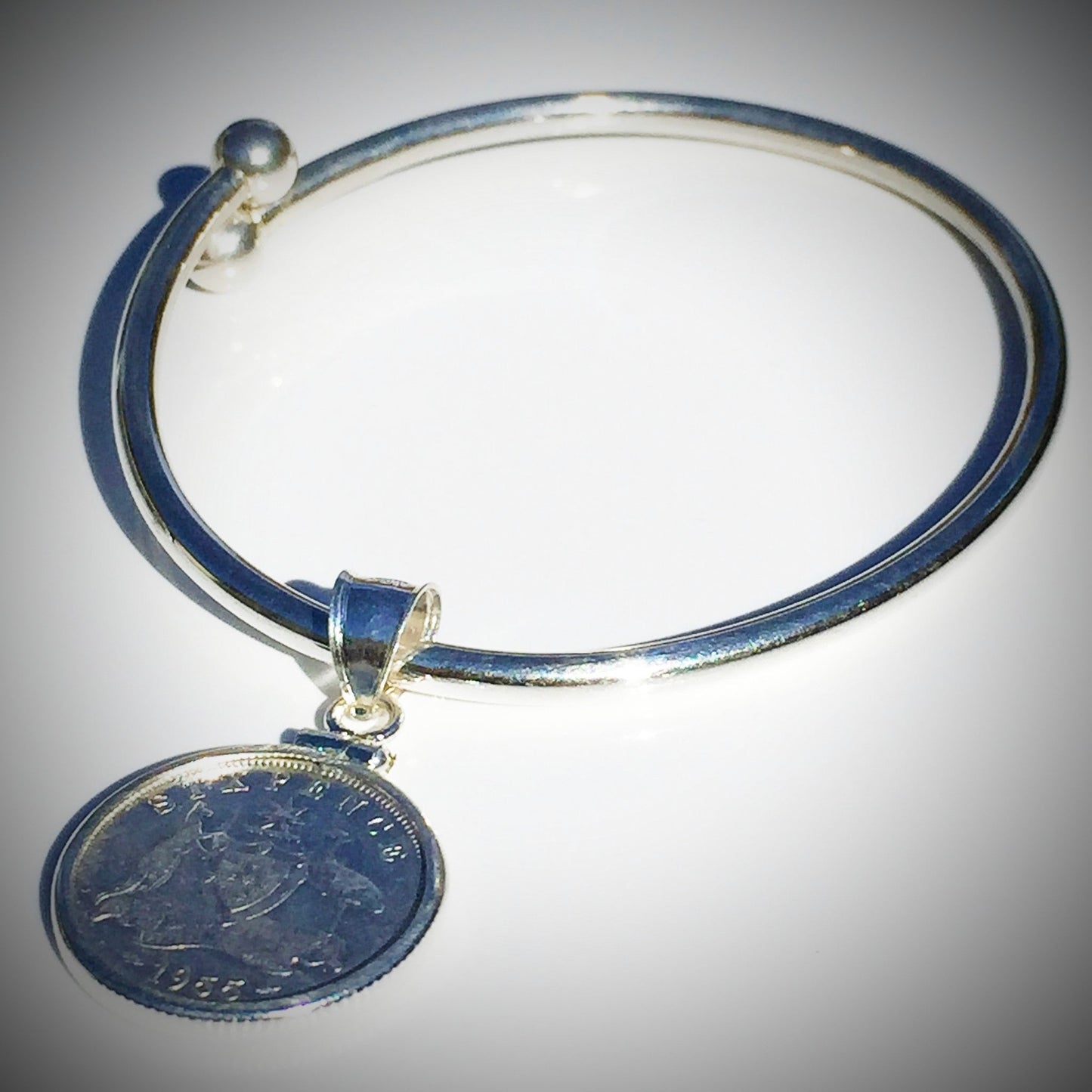 Australian Sixpence Sterling Silver Ball - end Bangle - Vintage Spirit - Handcrafted Coin Creations