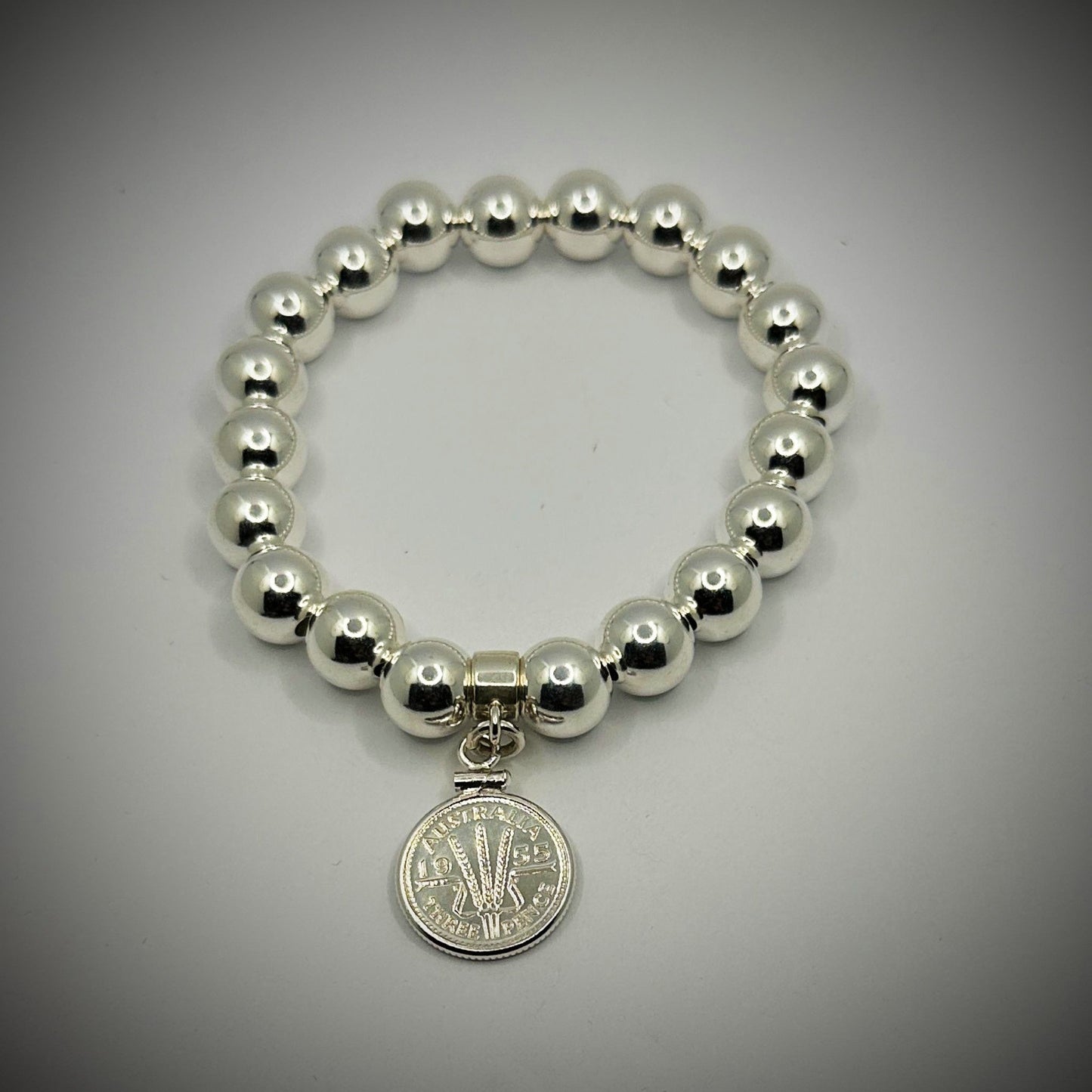 Australian Threepence 10mm Bead Bracelet - Vintage Spirit - Handcrafted Coin Creations