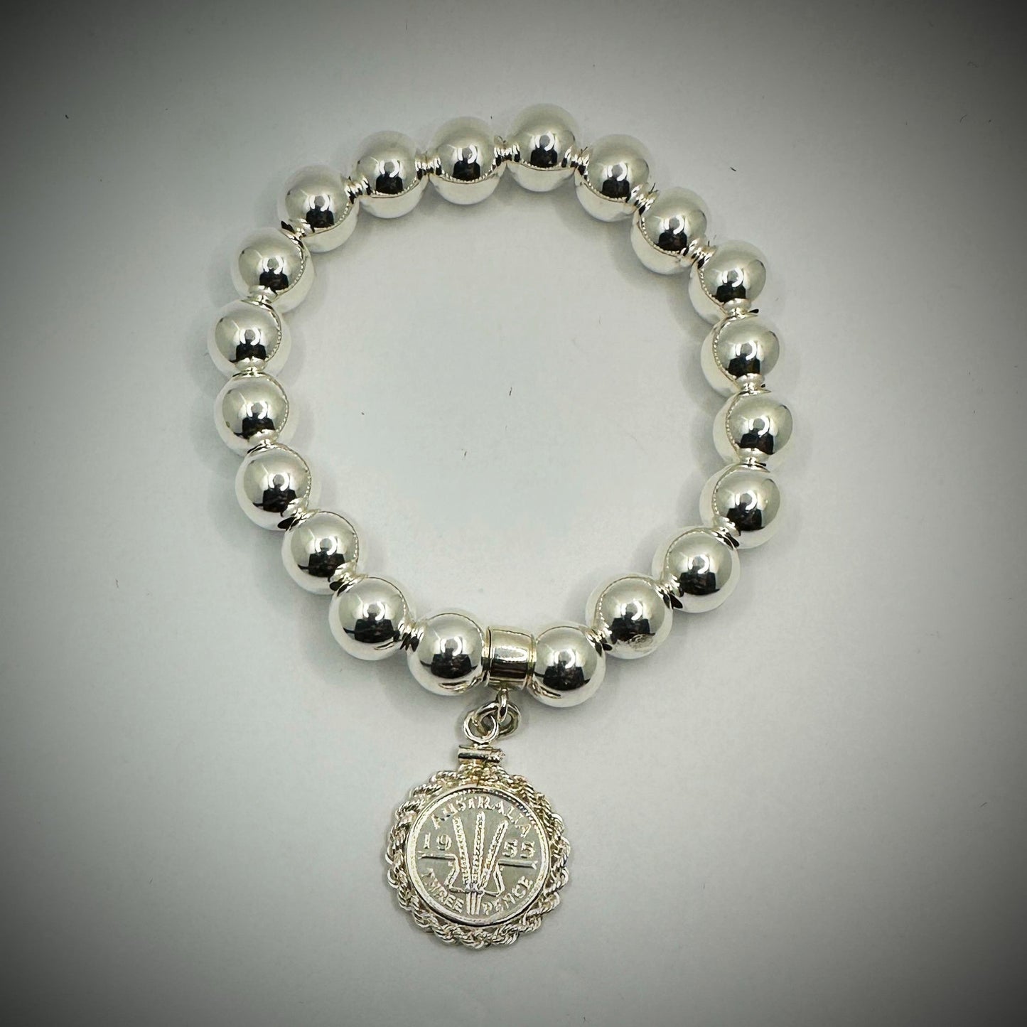 Australian Threepence 10mm Bead Bracelet - Twisted Rope - Vintage Spirit - Handcrafted Coin Creations
