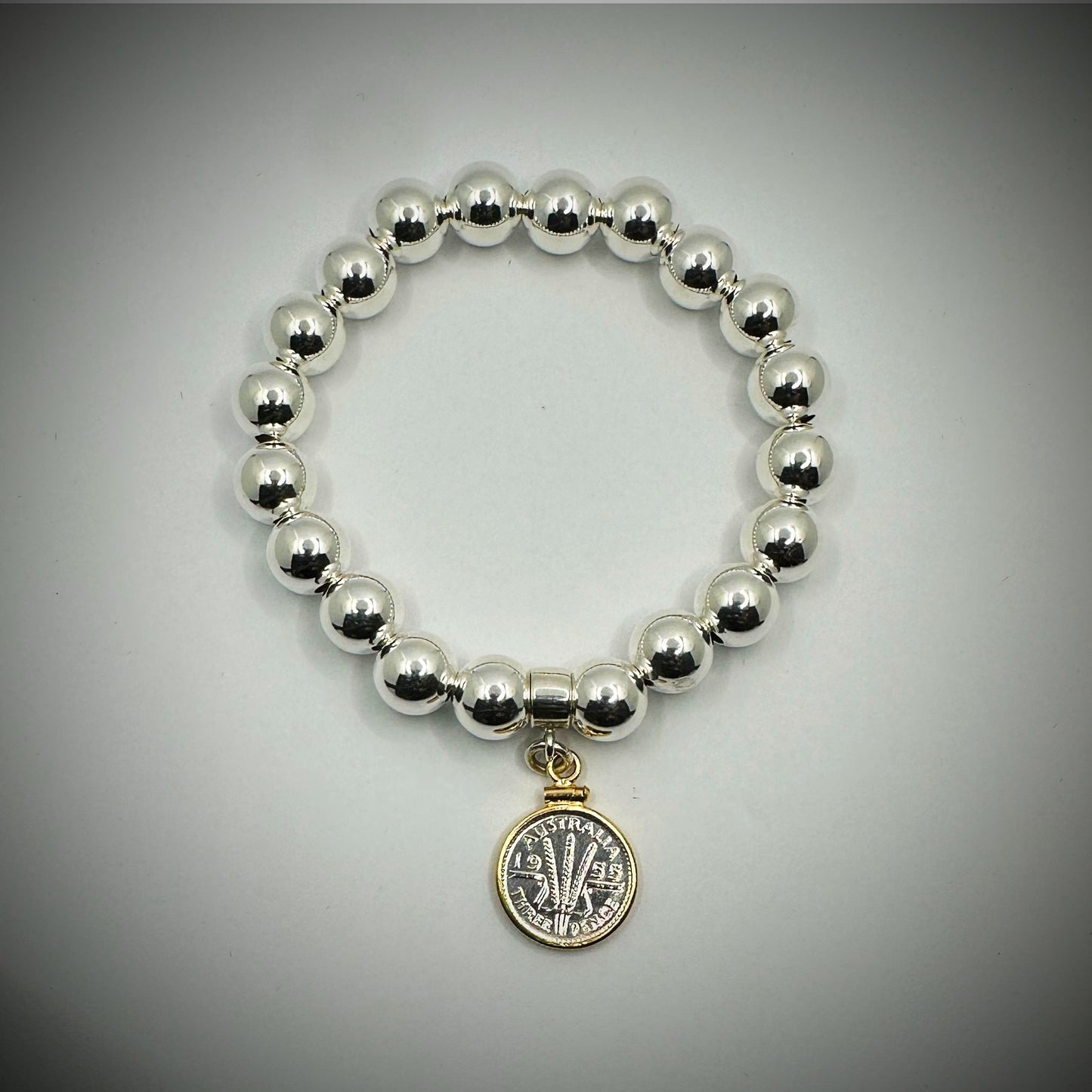 Australian Threepence 10mm Bead Bracelet with our Gold Filled frame - Vintage Spirit - Handcrafted Coin Creations