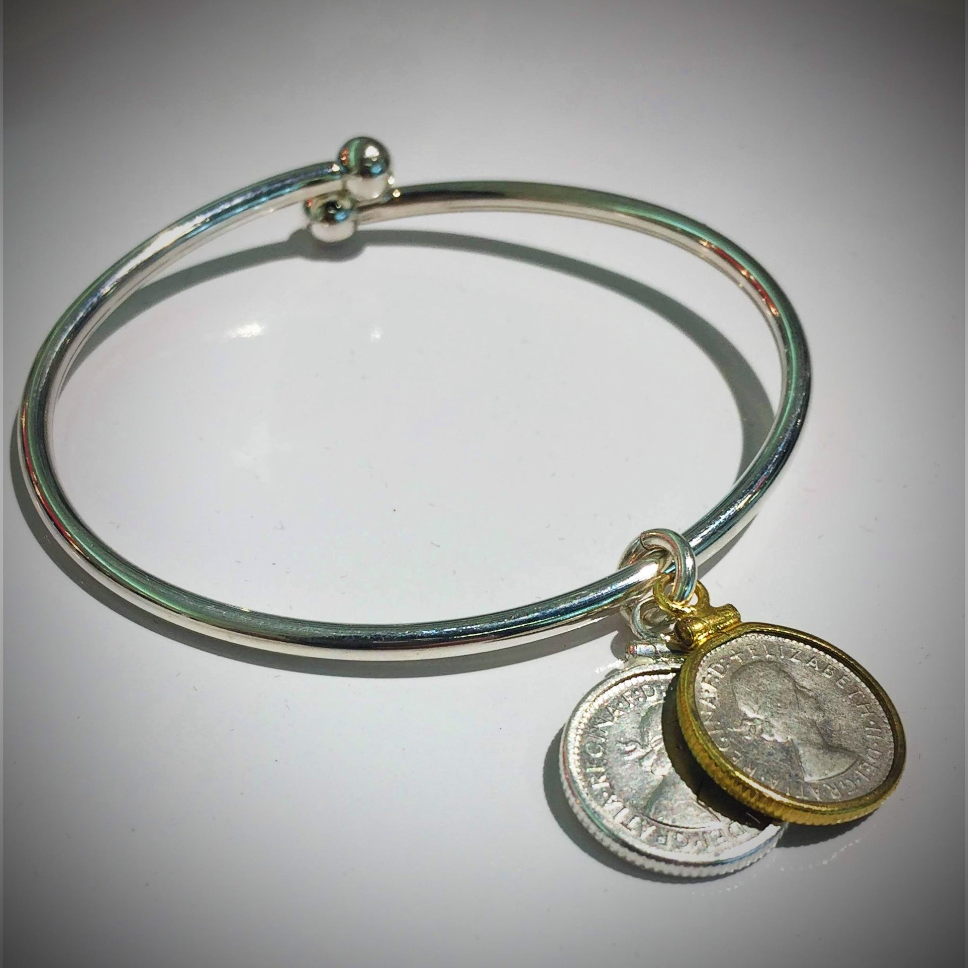 Australian Threepence Sterling Silver Ball - end Bangle - Vintage Spirit - Handcrafted Coin Creations