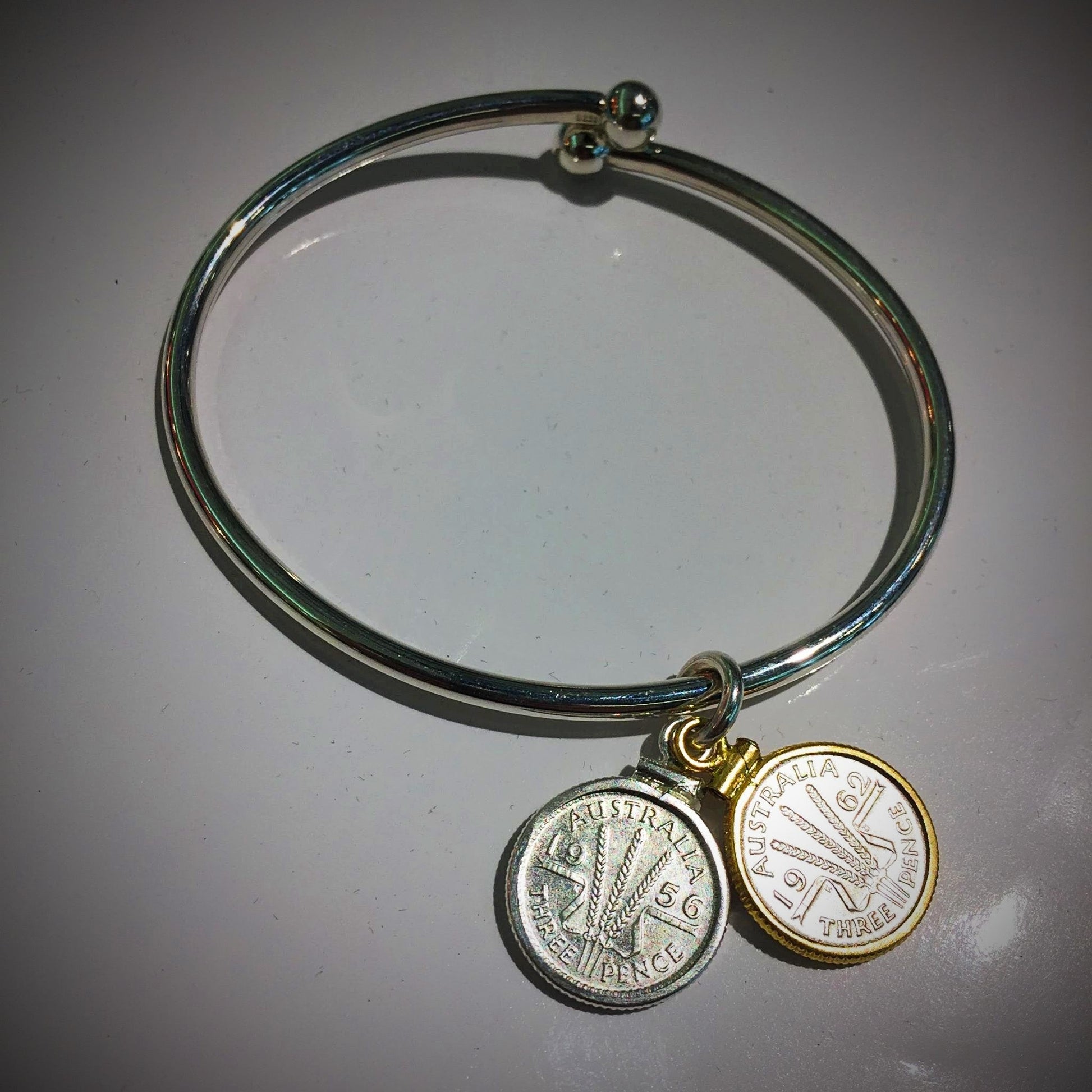 Australian Threepence Sterling Silver Ball - end Bangle - Vintage Spirit - Handcrafted Coin Creations