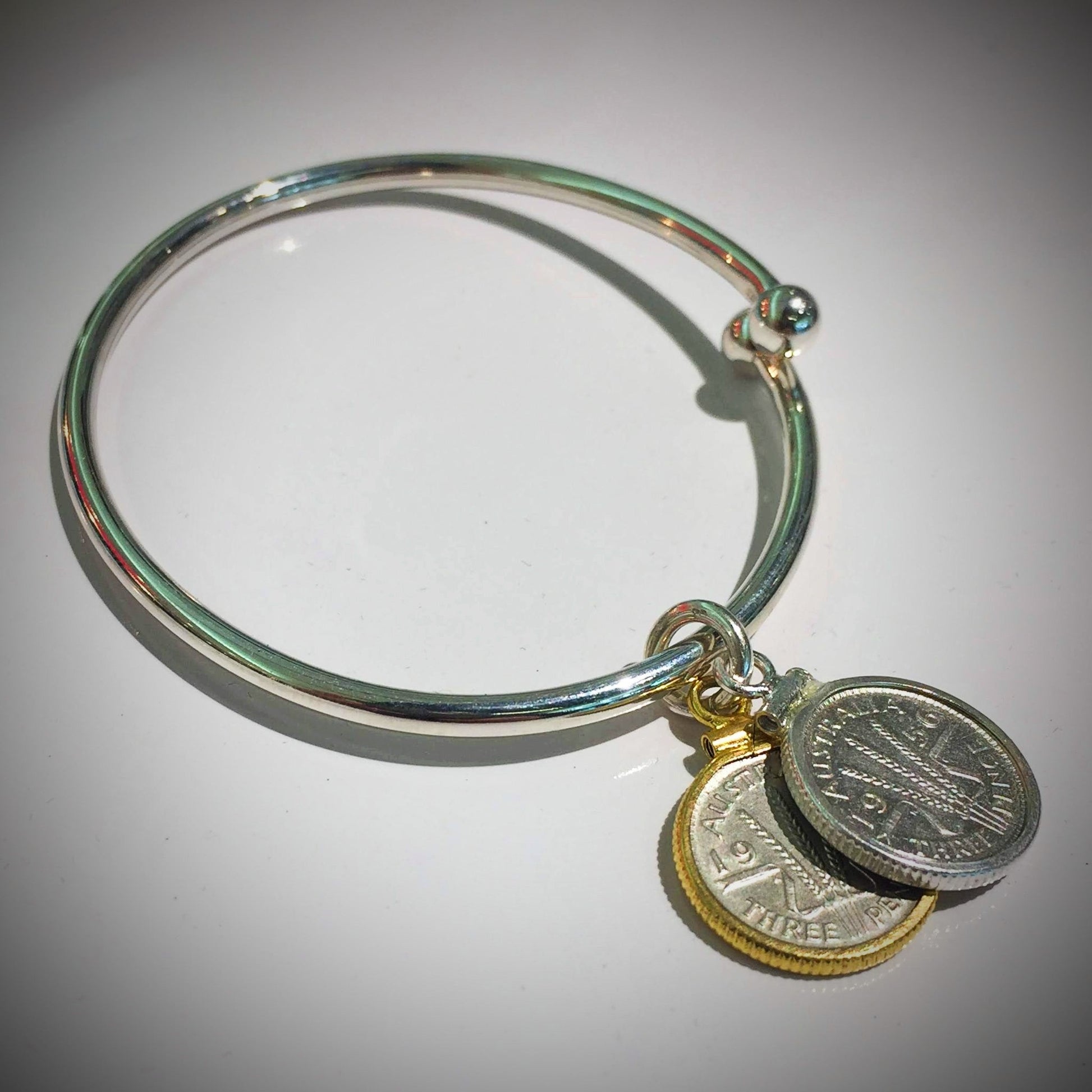 Australian Threepence Sterling Silver Ball - end Bangle - Vintage Spirit - Handcrafted Coin Creations