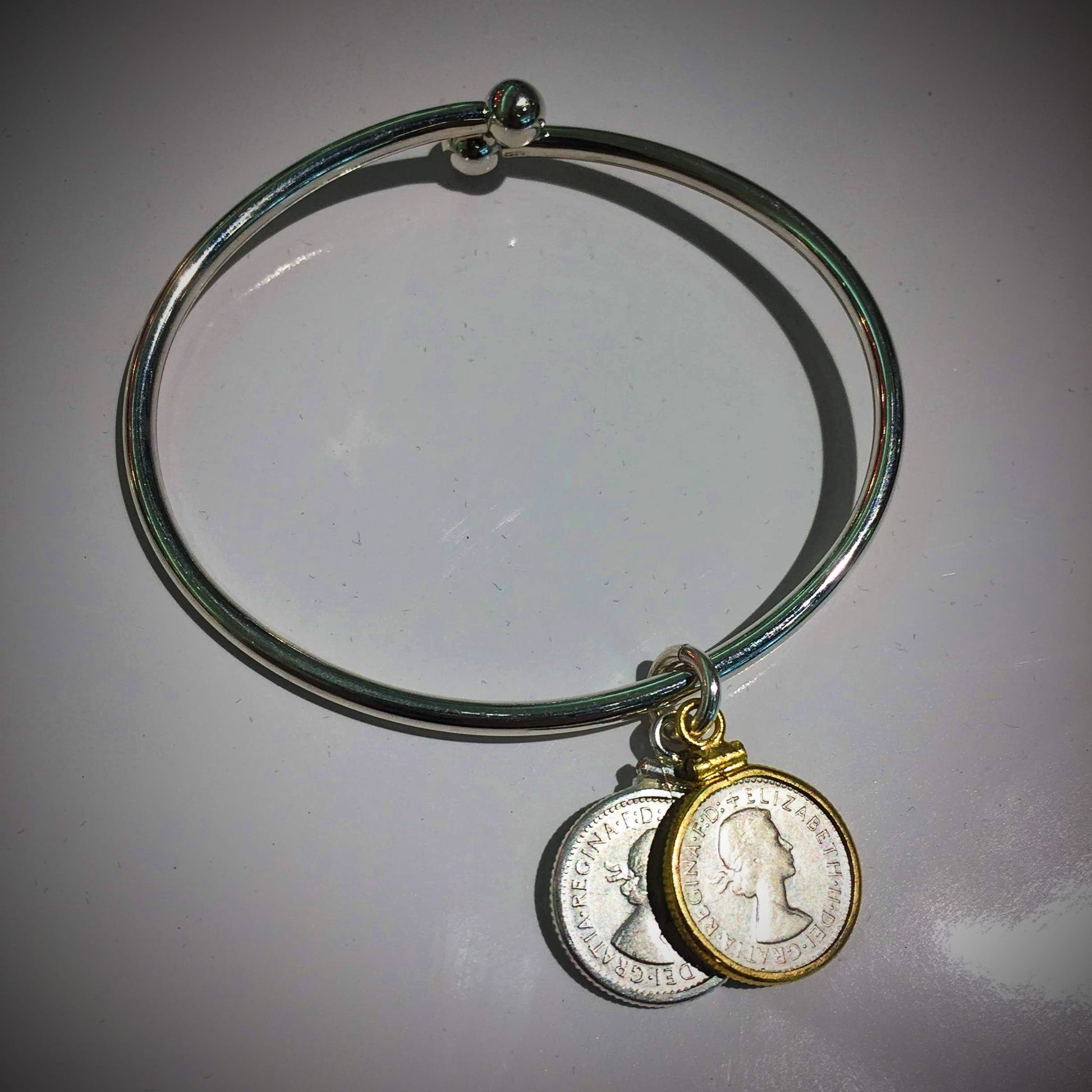 Australian Threepence Sterling Silver Ball - end Bangle - Vintage Spirit - Handcrafted Coin Creations