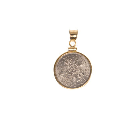BRITISH SIXPENCE - STERLING SILVER 14CT GOLD FILLED BEZEL - FRONT