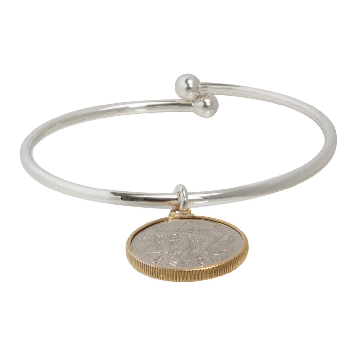 Australian 10 Cent Sterling Silver Ball - end Bangle - Vintage Spirit - Handcrafted Coin Creations