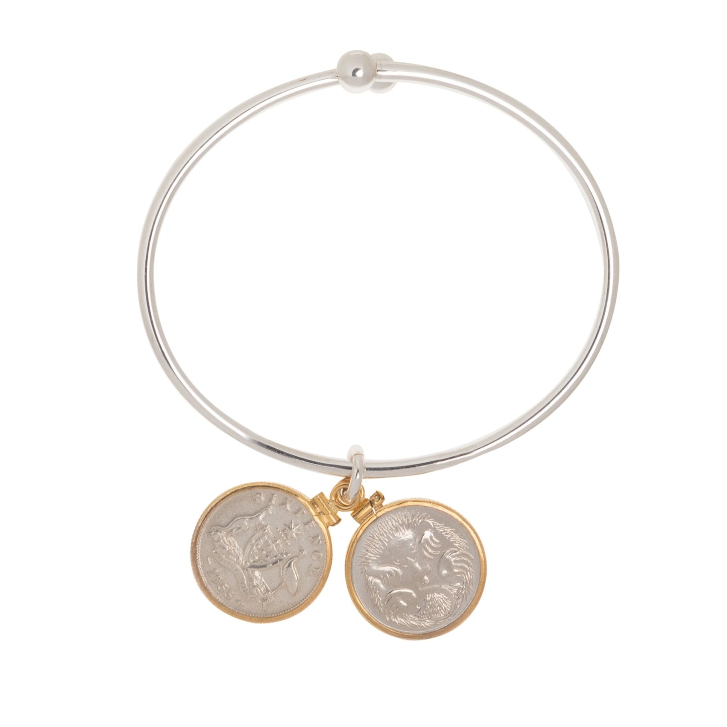 Sixpence + 5 Cent Sterling Silver Ball - end Bangle - Vintage Spirit - Handcrafted Coin Creations