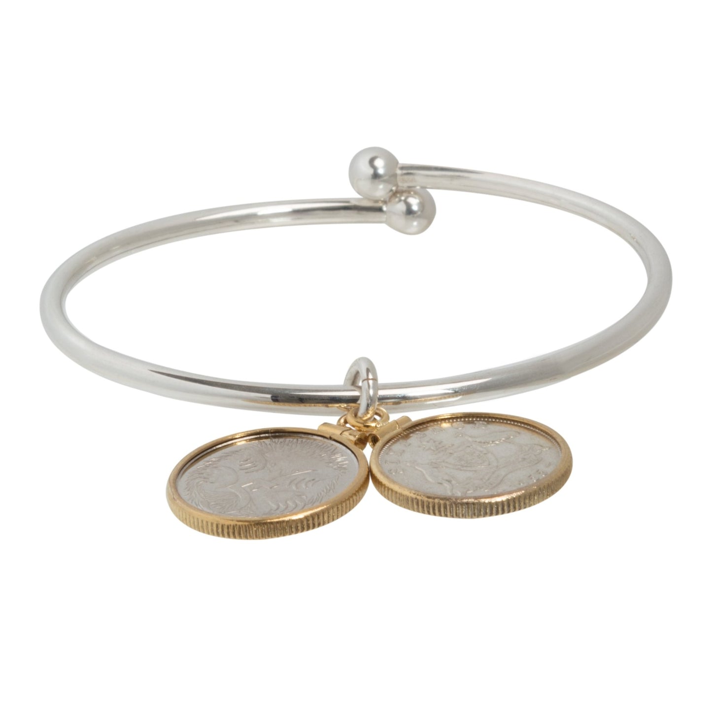 Sixpence + 5 Cent Sterling Silver Ball - end Bangle - Vintage Spirit - Handcrafted Coin Creations