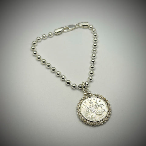 Australian Sixpence Sterling Silver Bead Bracelet - Twisted Rope Bezel