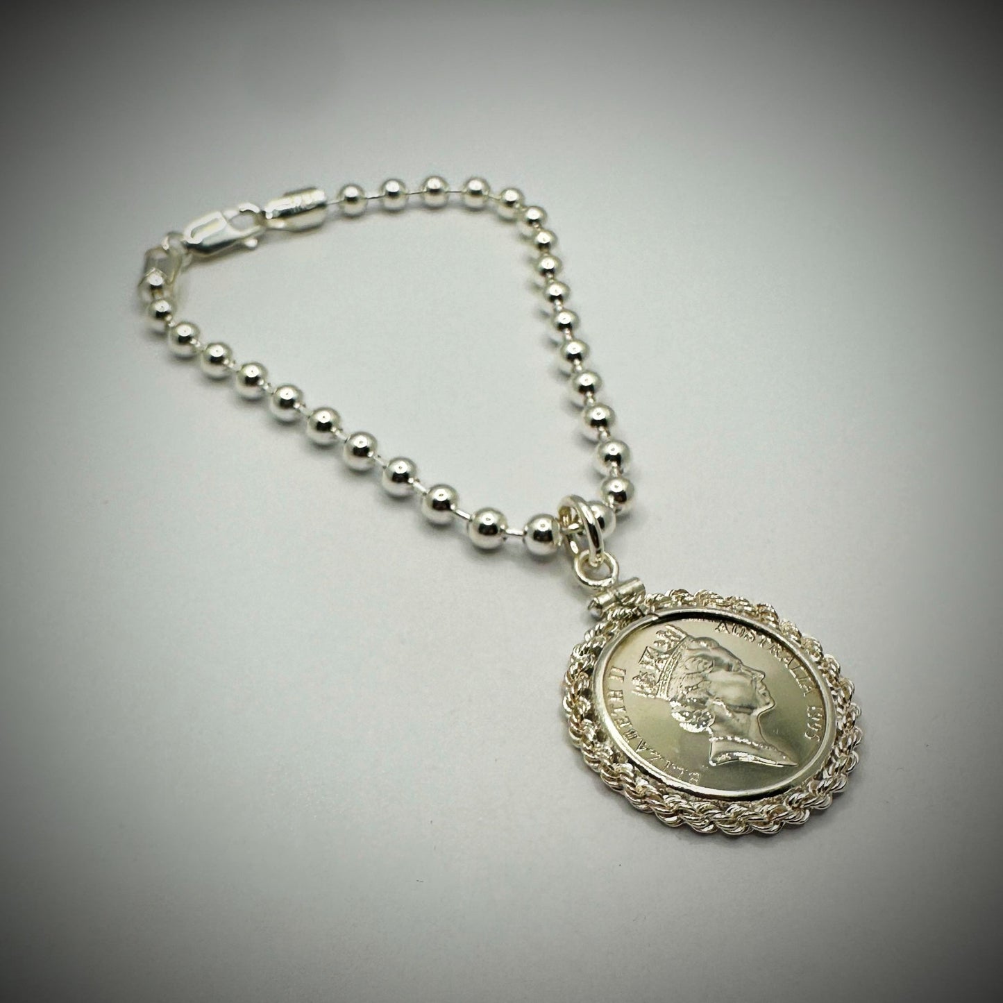 Australian 5 Cent Sterling Silver Bead Bracelet - Twisted Rope Bezel - Vintage Spirit - Handcrafted Coin Creations