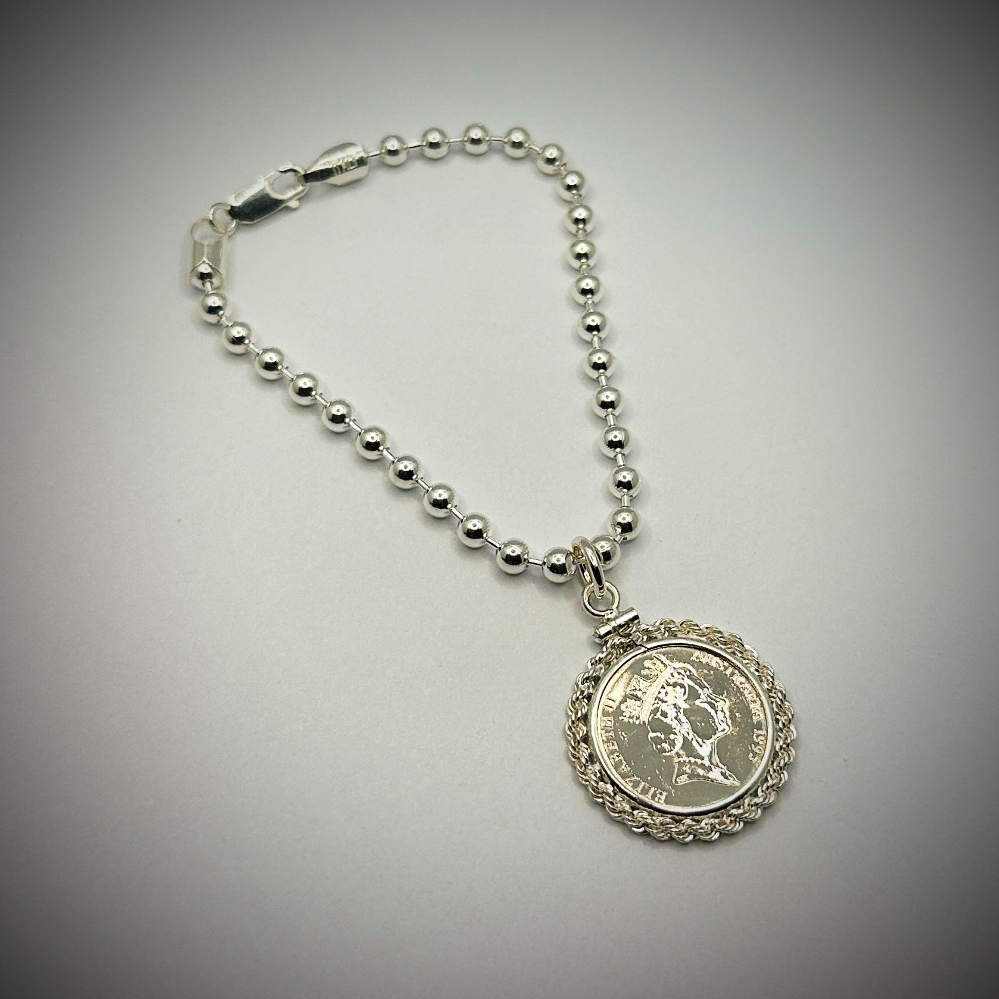 Australian 5 Cent Sterling Silver Bead Bracelet - Twisted Rope Bezel - Vintage Spirit - Handcrafted Coin Creations