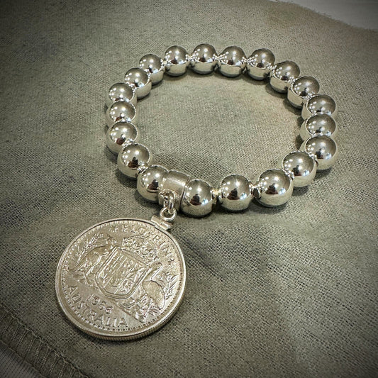 Australian Florin 10mm Bead Bracelet - Vintage Spirit - Handcrafted Coin Creations