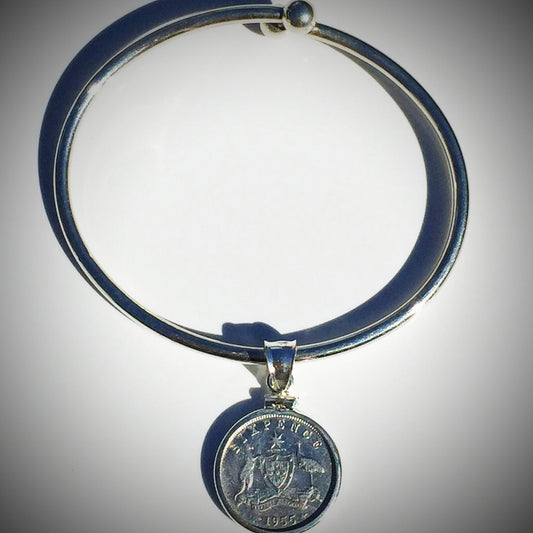 Australian Sixpence Sterling Silver Ball - end Bangle - Vintage Spirit - Handcrafted Coin Creations