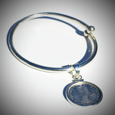 Australian Sixpence Sterling Silver Ball - end Bangle - Vintage Spirit - Handcrafted Coin Creations
