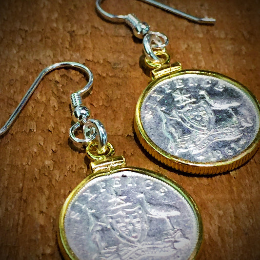 Australian Sixpence Yellow Gold Filled Earrings - Vintage Spirit - Handcrafted Coin Creations