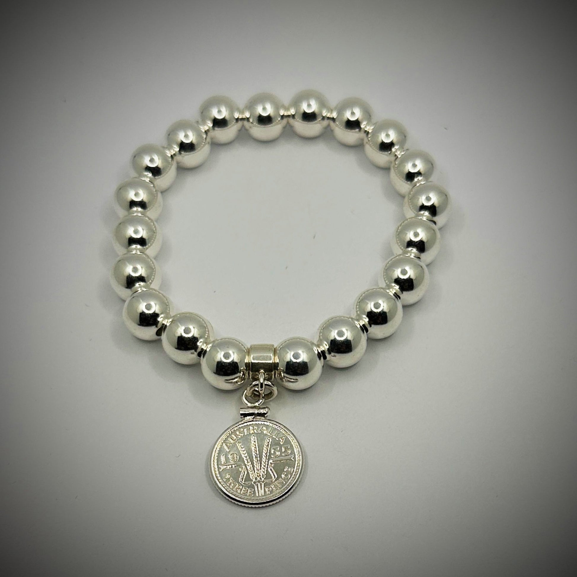 Australian Threepence 10mm Bead Bracelet - Vintage Spirit - Handcrafted Coin Creations