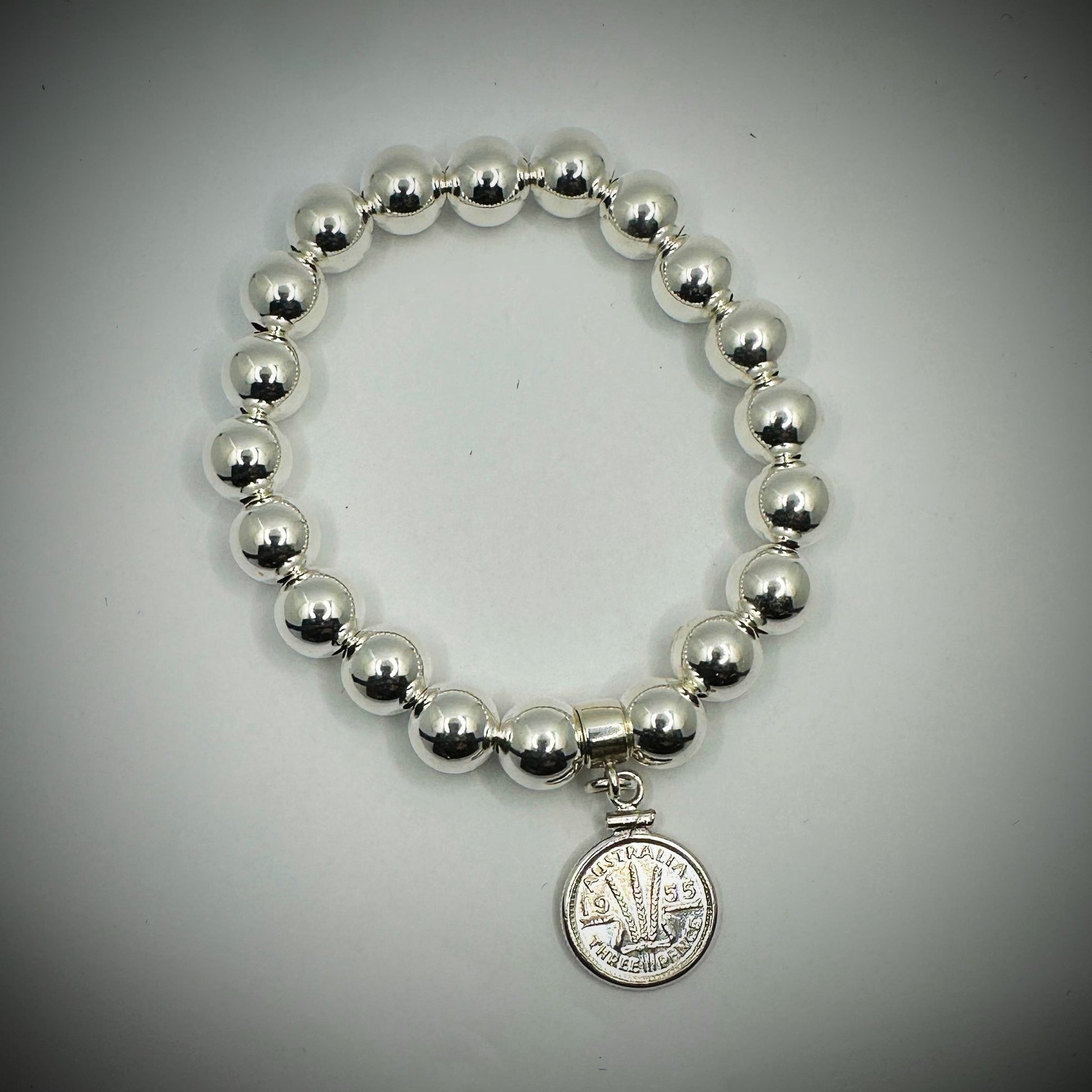Australian Threepence 10mm Bead Bracelet - Vintage Spirit - Handcrafted Coin Creations