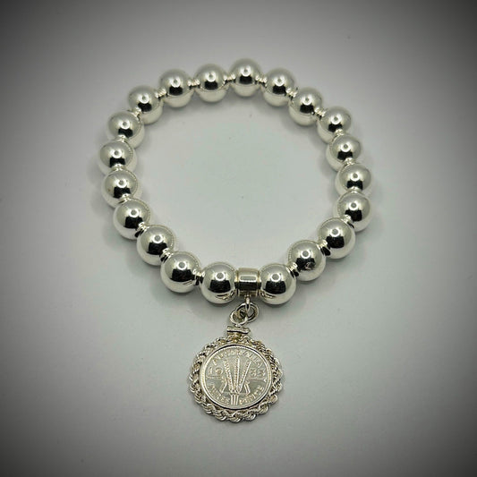 Australian Threepence 10mm Bead Bracelet - Twisted Rope - Vintage Spirit - Handcrafted Coin Creations