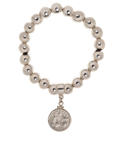 Australian Sixpence 10mm Bead Bracelet - Vintage Spirit - Handcrafted Coin Creations