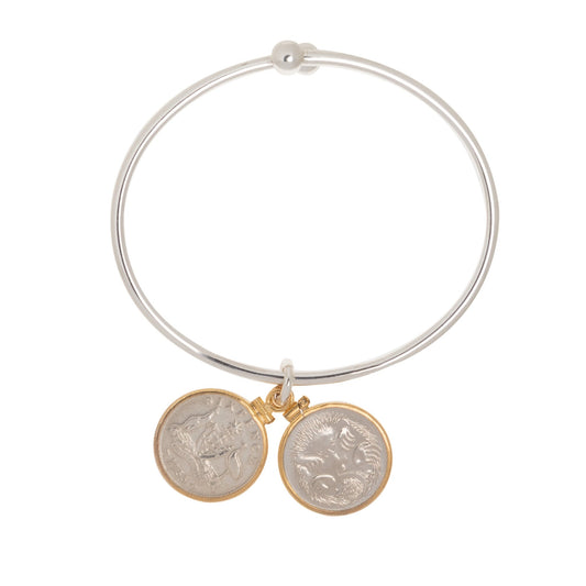 Sixpence + 5 Cent Sterling Silver Ball - end Bangle - Vintage Spirit - Handcrafted Coin Creations