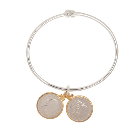 Sixpence + 5 Cent Sterling Silver Ball - end Bangle - Vintage Spirit - Handcrafted Coin Creations